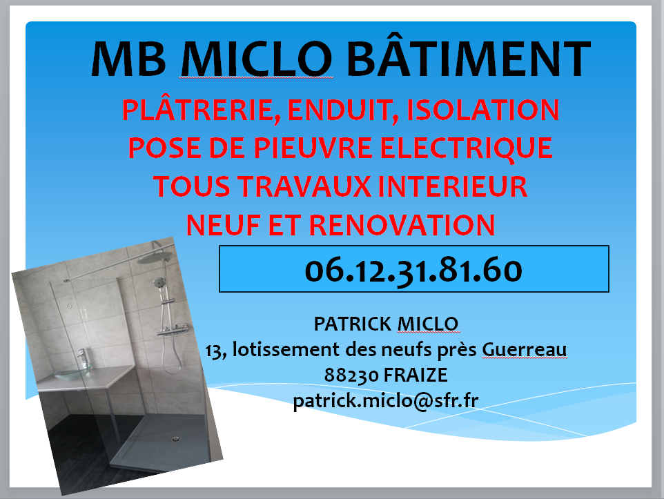 Logo de MB MICLO BATIMENT, société de travaux en Construction, murs, cloisons, plafonds en plaques de plâtre