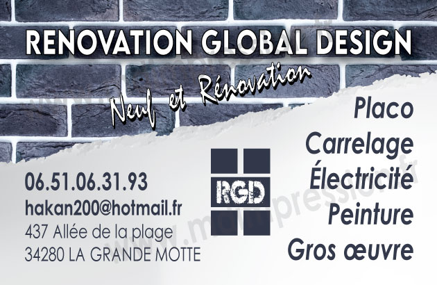Logo de Renovation global design, société de travaux en Construction, murs, cloisons, plafonds en plaques de plâtre